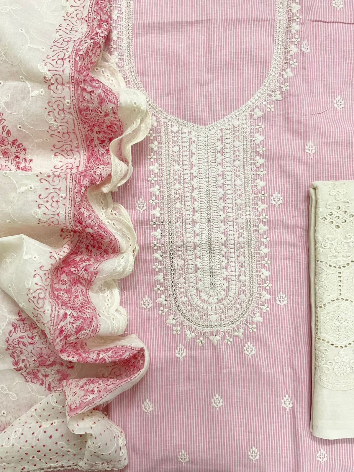 Pure Handloom Cotton Self Weaved Printed Embroidered Suit - Pink