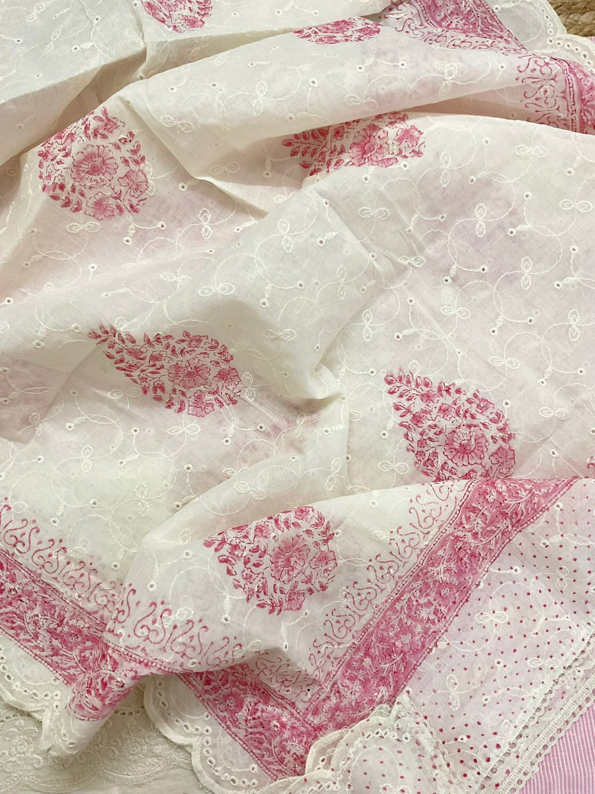 Pure Handloom Cotton Self Weaved Printed Embroidered Suit - Pink