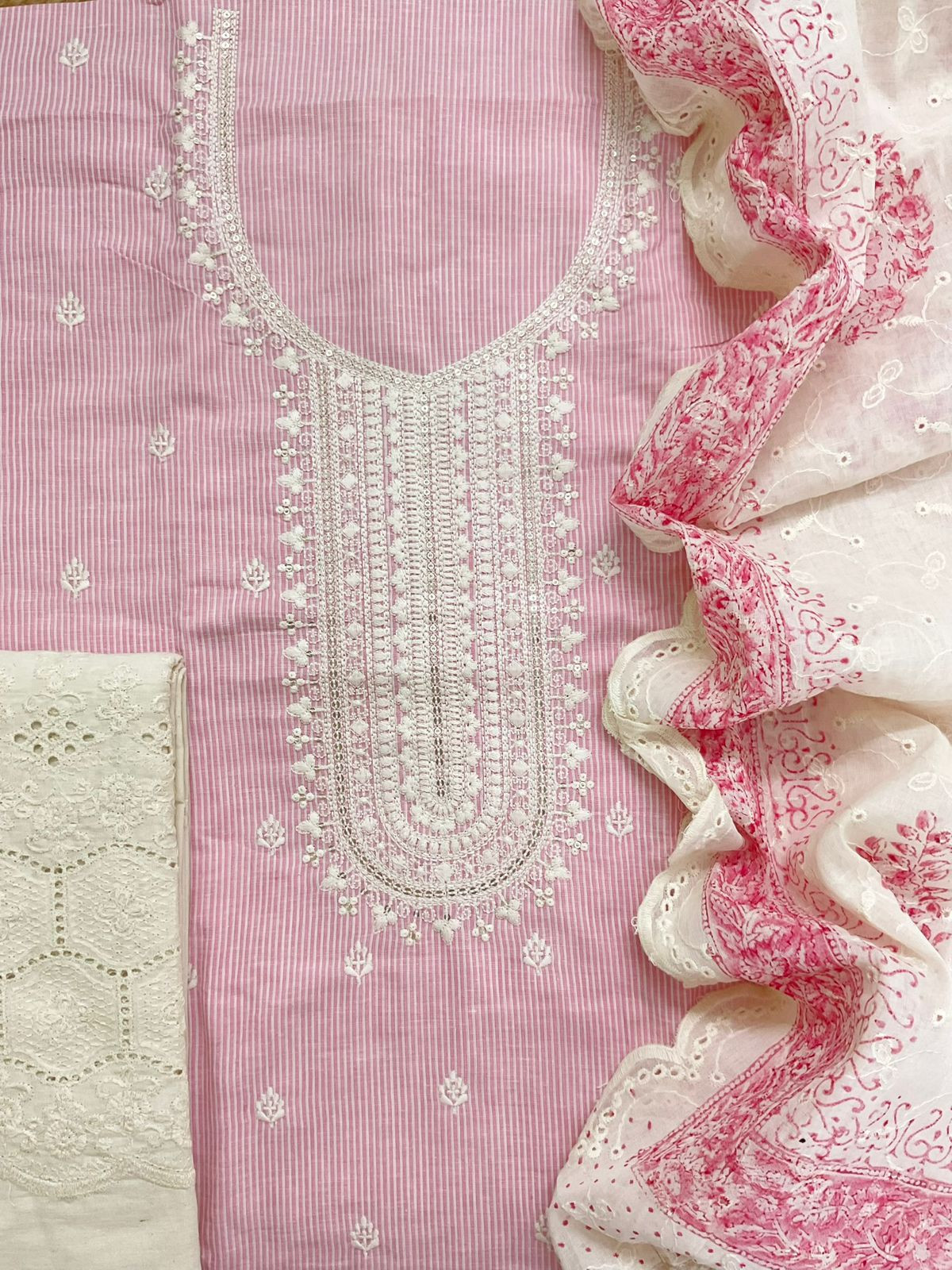 Pure Handloom Cotton Self Weaved Printed Embroidered Suit - Pink