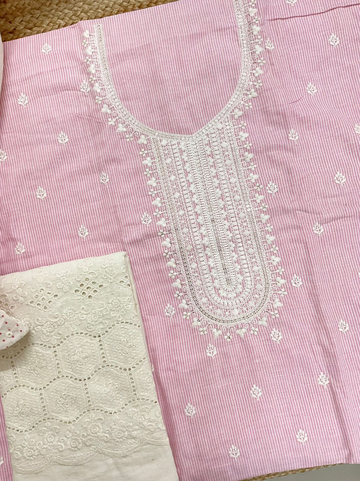 Pure Handloom Cotton Self Weaved Printed Embroidered Suit - Pink