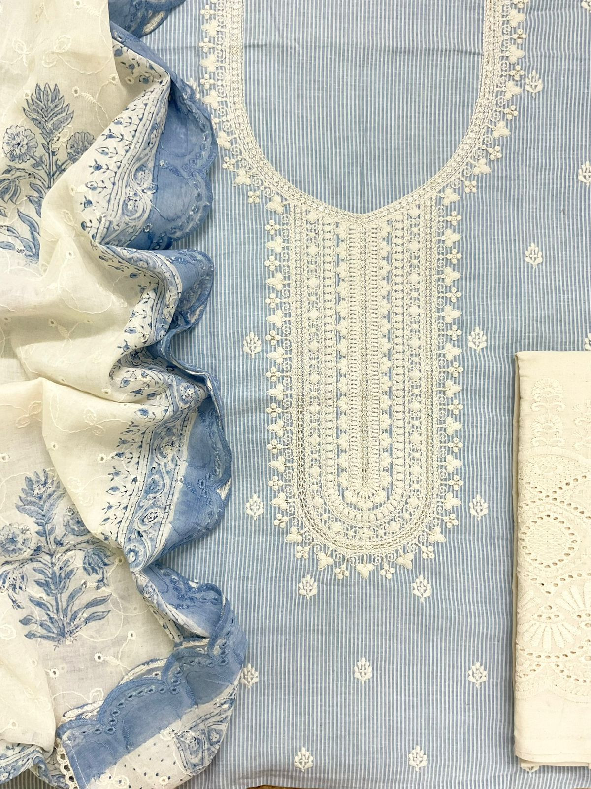 Pure Handloom Cotton Self Weaved Printed Embroidered Suit - Blue