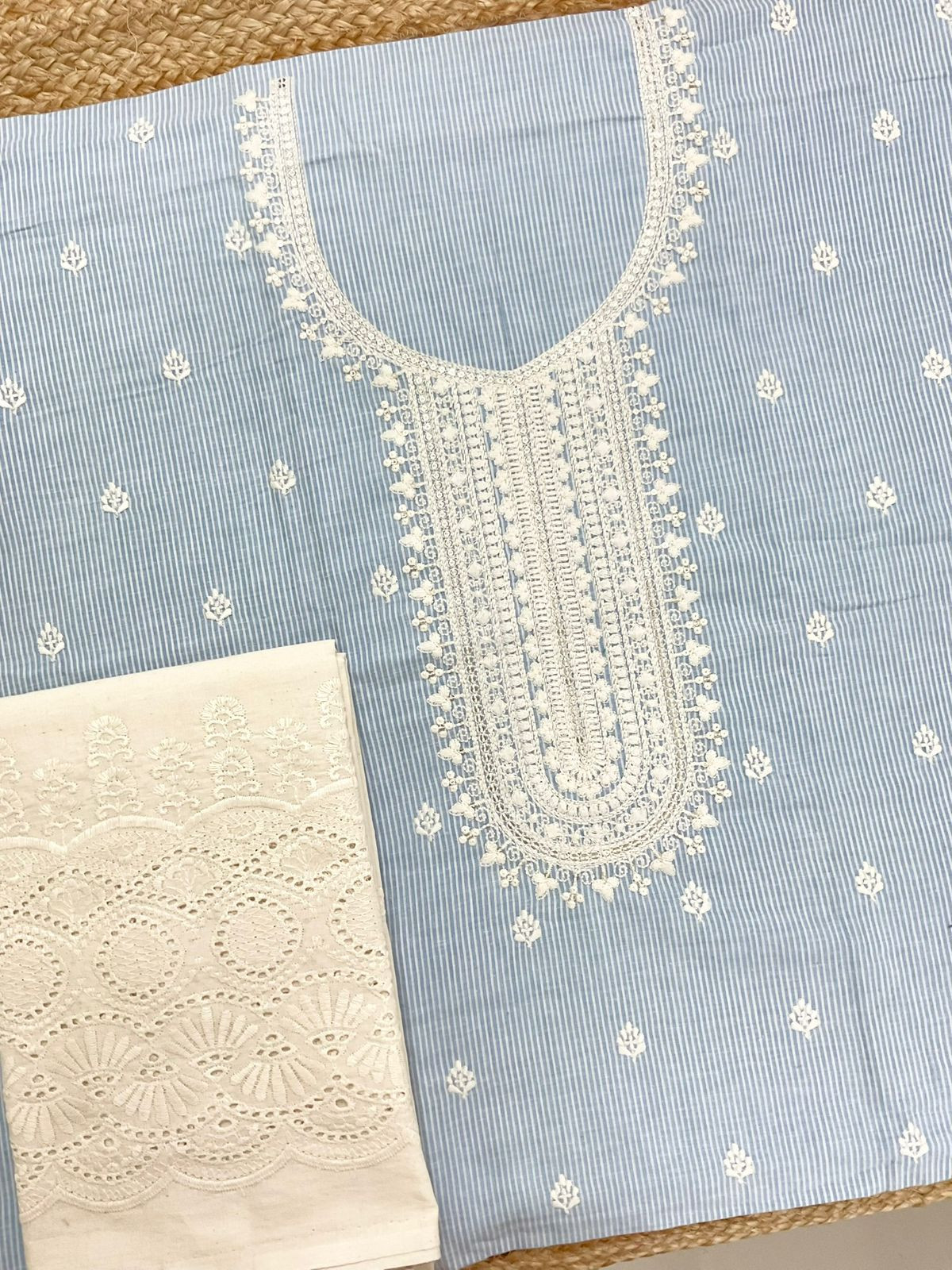 Pure Handloom Cotton Self Weaved Printed Embroidered Suit - Blue
