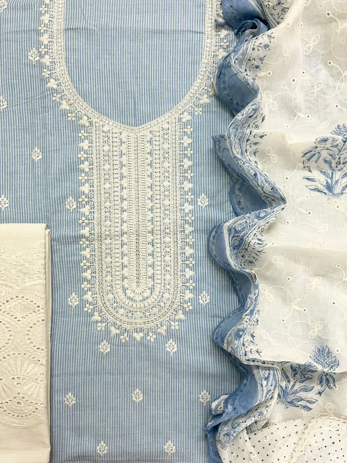 Pure Handloom Cotton Self Weaved Printed Embroidered Suit - Blue