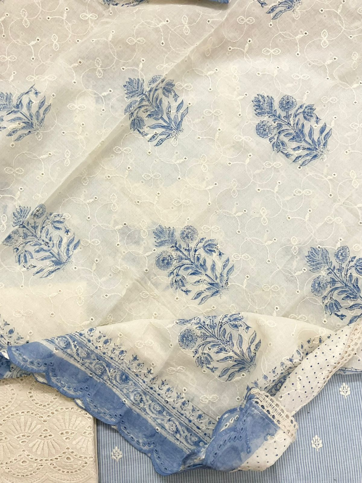 Pure Handloom Cotton Self Weaved Printed Embroidered Suit - Blue