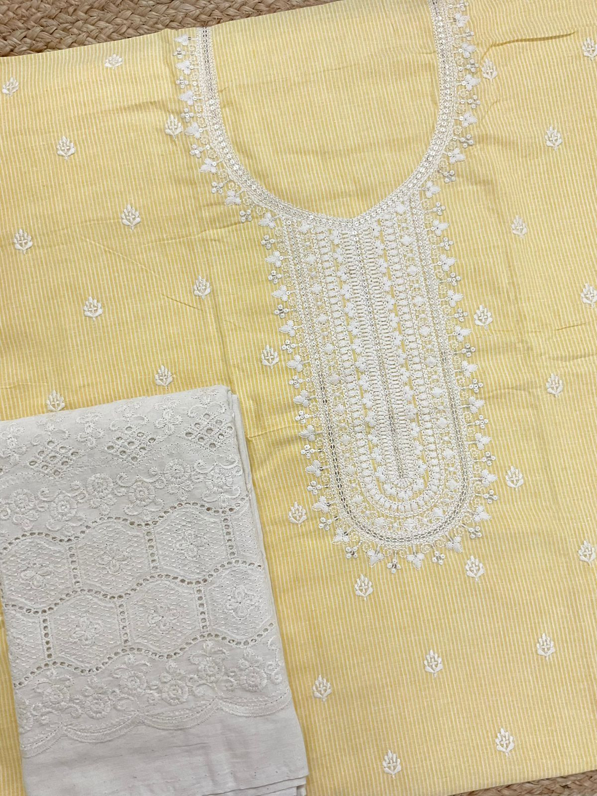 Pure Handloom Cotton Self Weaved Printed Embroidered Suit - Yellow