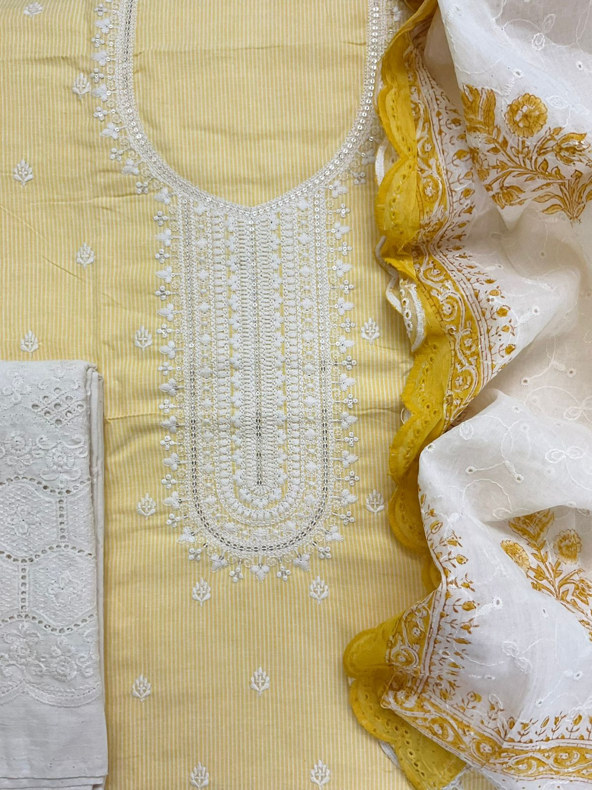 Pure Handloom Cotton Self Weaved Printed Embroidered Suit - Yellow