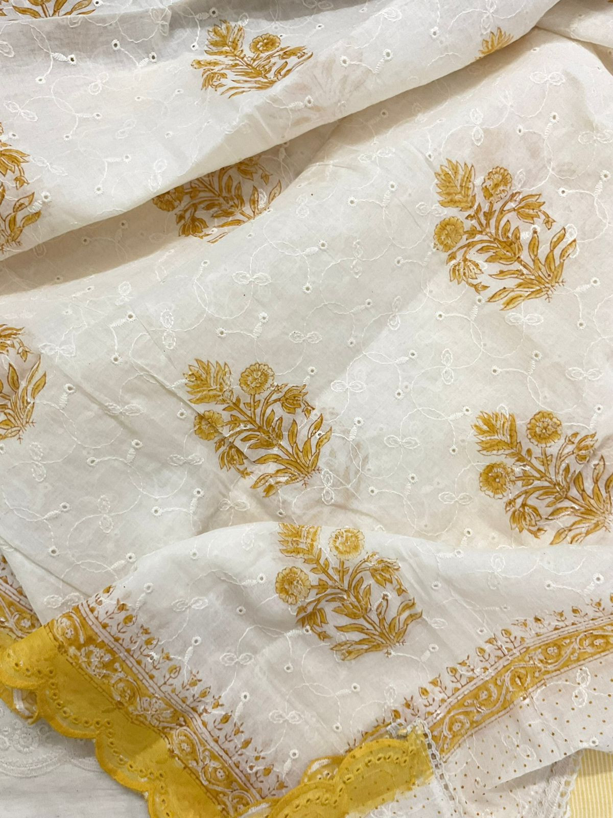 Pure Handloom Cotton Self Weaved Printed Embroidered Suit - Yellow