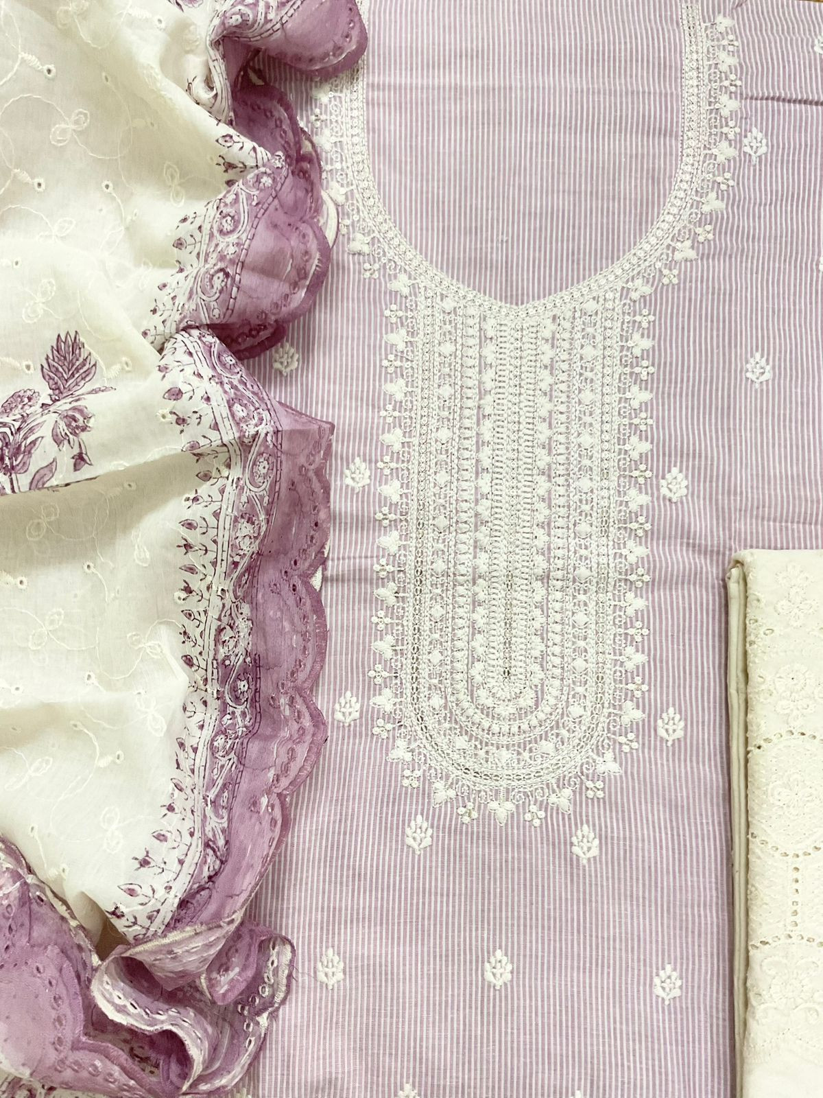 Pure Handloom Cotton Self Weaved Printed Embroidered Suit - Lavender