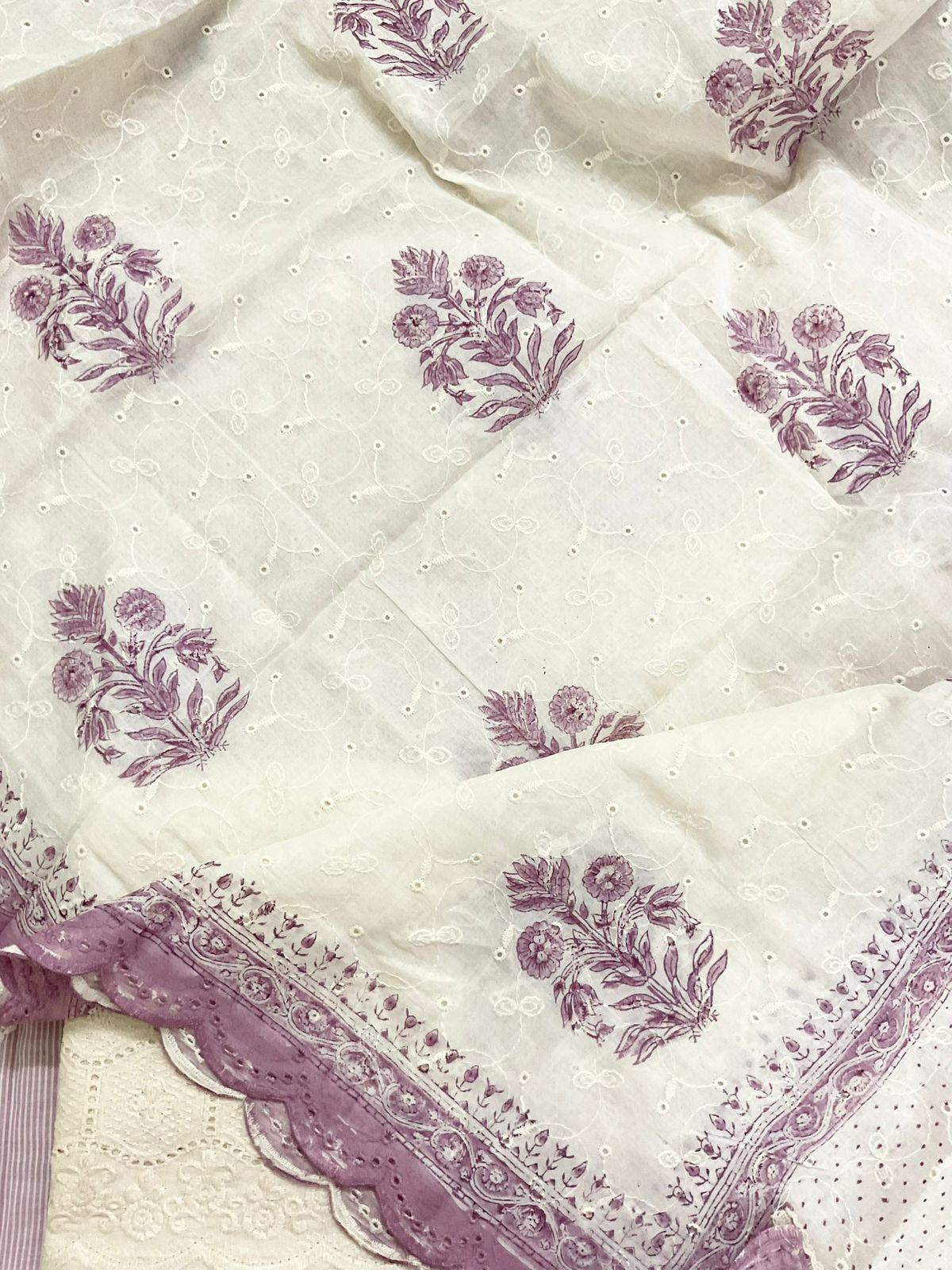 Pure Handloom Cotton Self Weaved Printed Embroidered Suit - Lavender