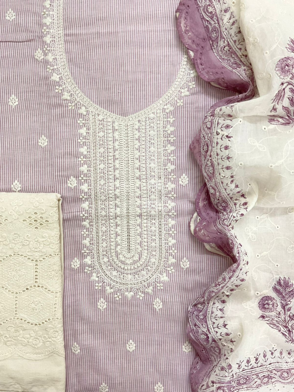 Pure Handloom Cotton Self Weaved Printed Embroidered Suit - Lavender
