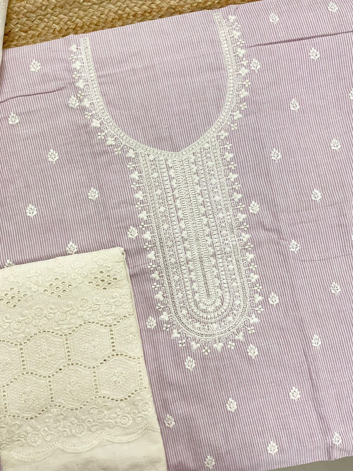 Pure Handloom Cotton Self Weaved Printed Embroidered Suit - Lavender