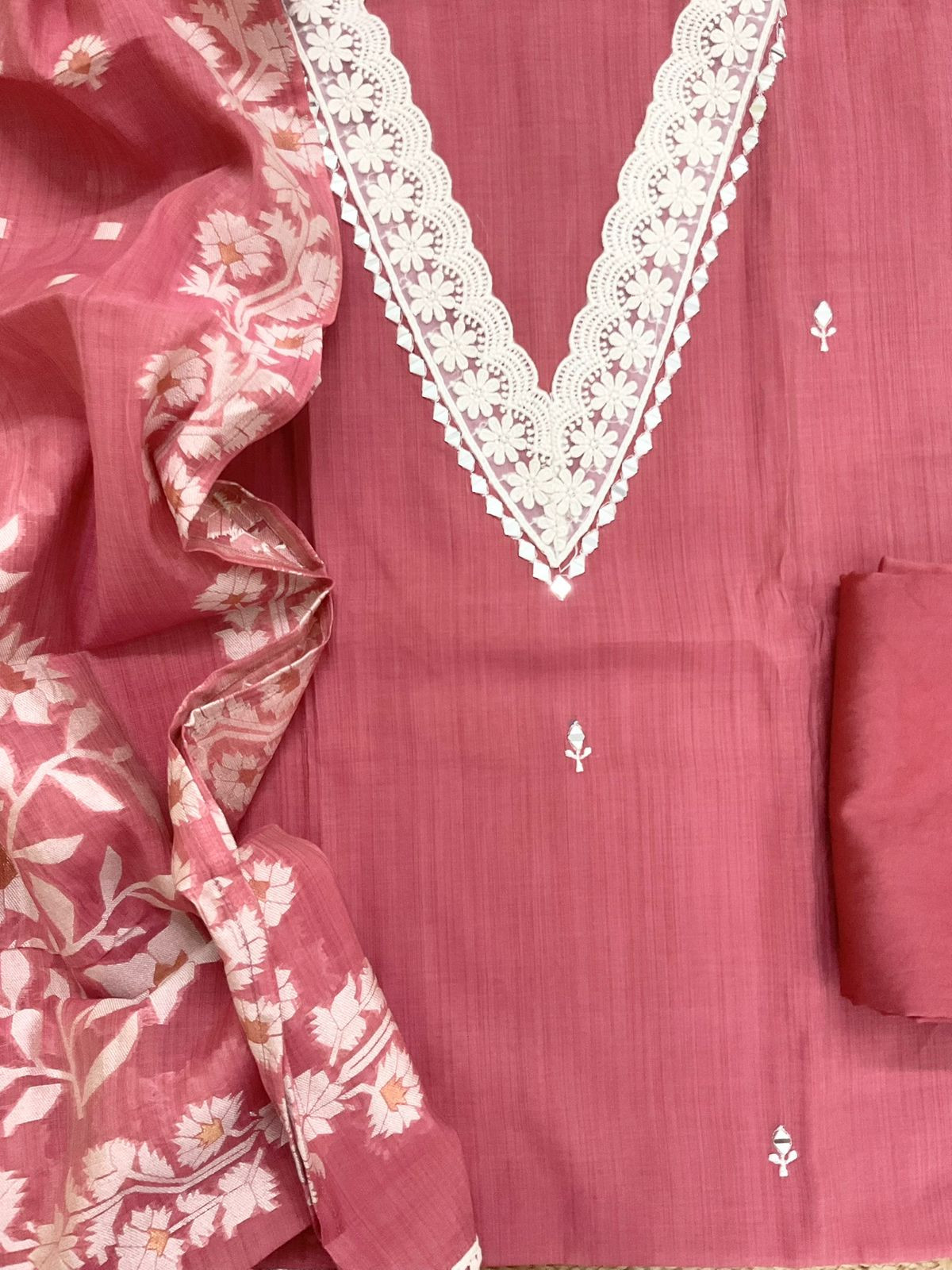 Soft Kora Chanderi Jamdani Weaved Embroidered Suit - Pink