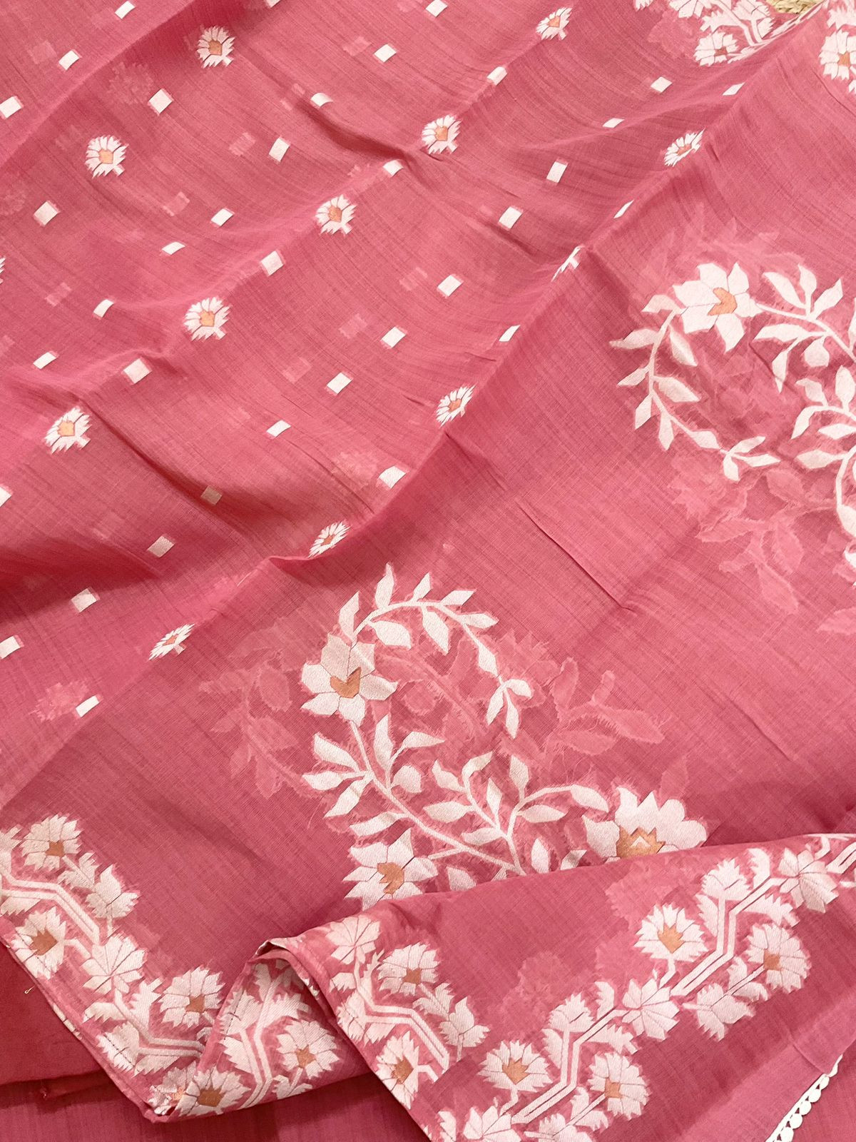 Soft Kora Chanderi Jamdani Weaved Embroidered Suit - Pink