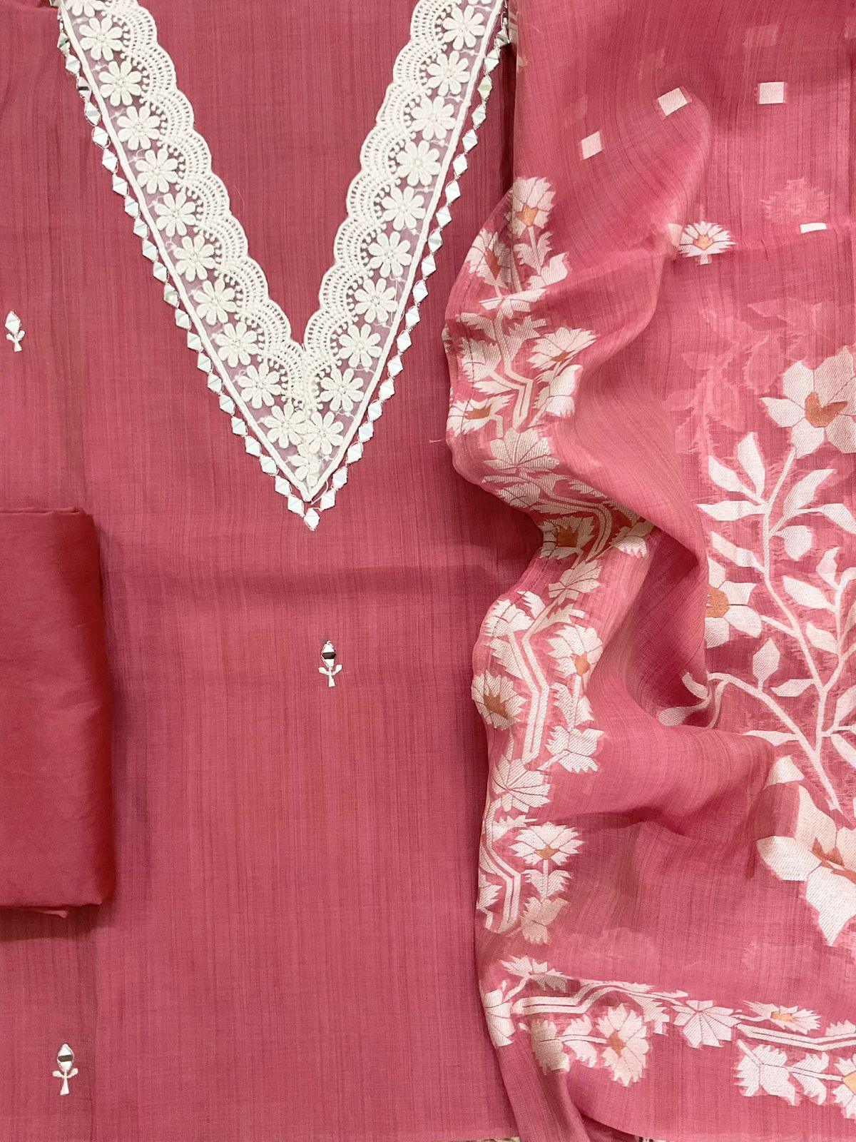 Soft Kora Chanderi Jamdani Weaved Embroidered Suit - Pink