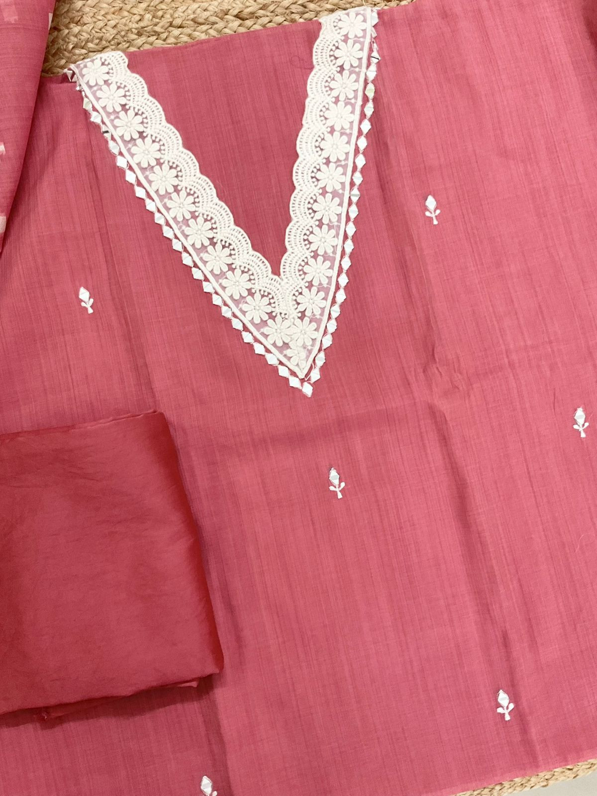 Soft Kora Chanderi Jamdani Weaved Embroidered Suit - Pink