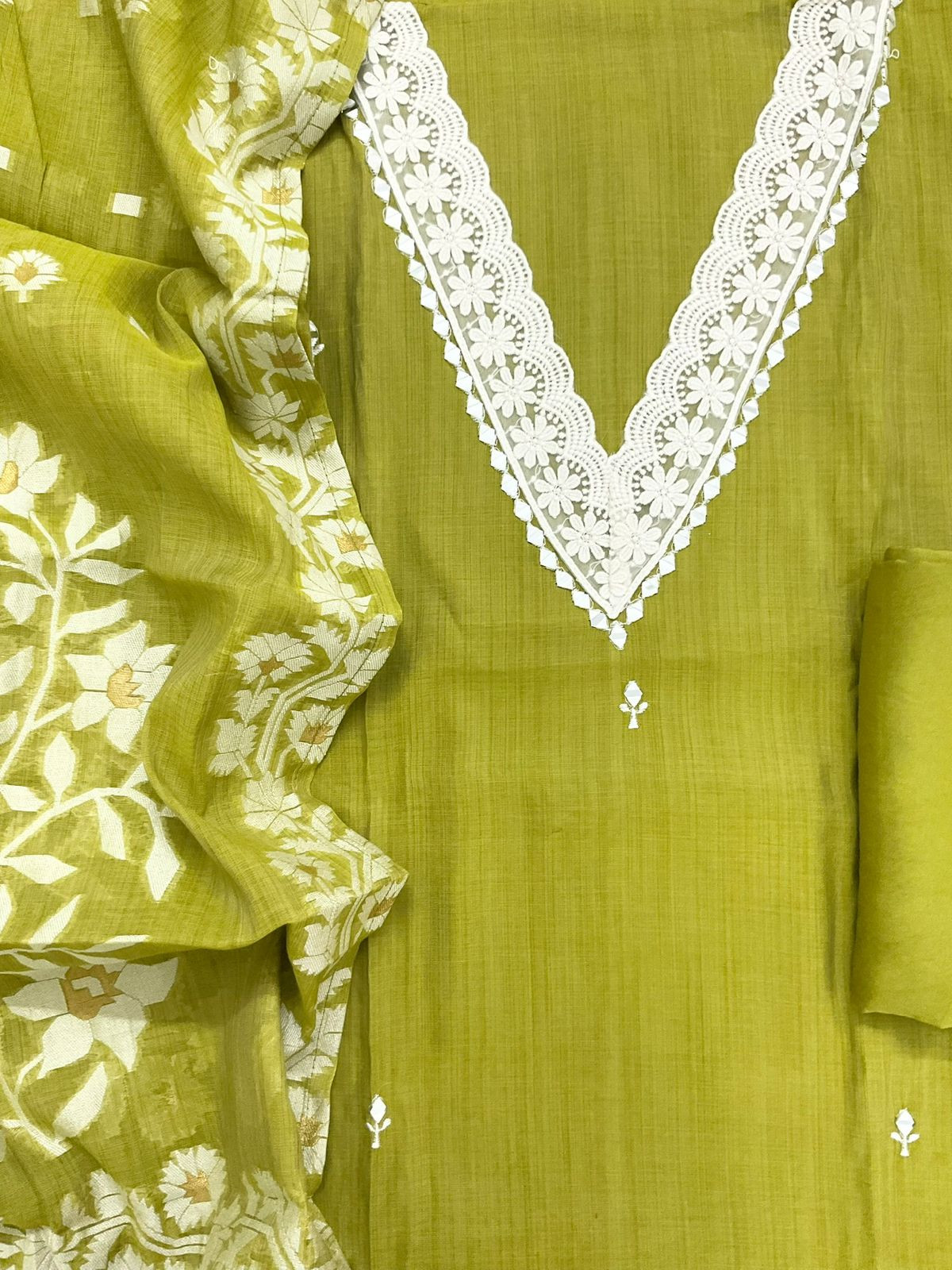 Soft Kora Chanderi Jamdani Weaved Embroidered Suit - Green