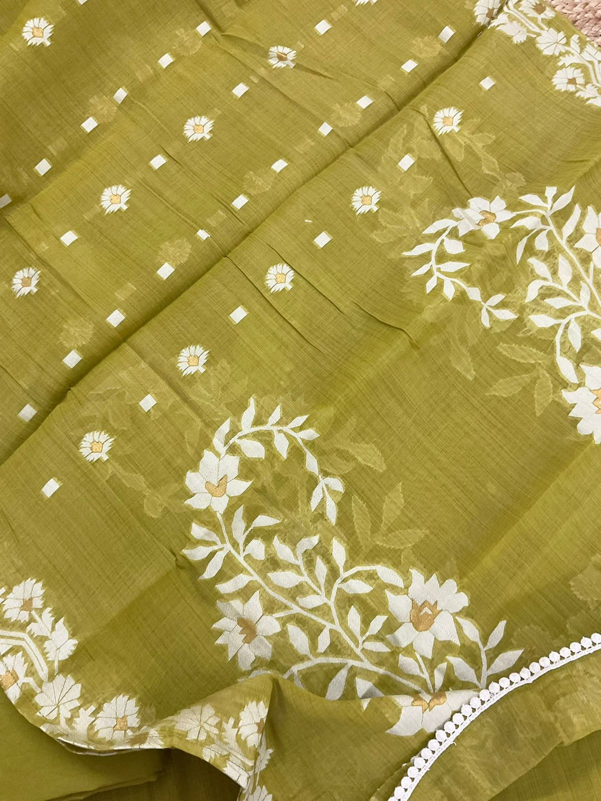 Soft Kora Chanderi Jamdani Weaved Embroidered Suit - Green