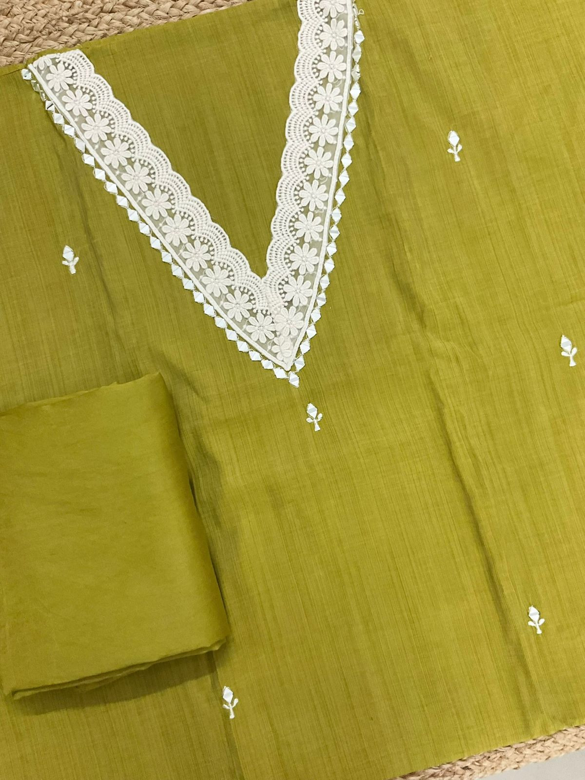 Soft Kora Chanderi Jamdani Weaved Embroidered Suit - Green