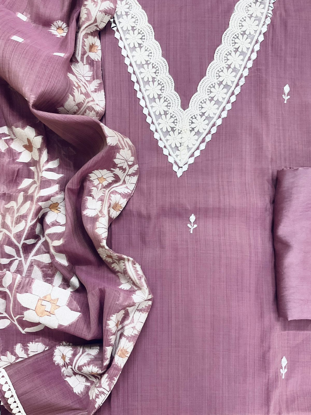 Soft Kora Chanderi Jamdani Weaved Embroidered Suit - Purple
