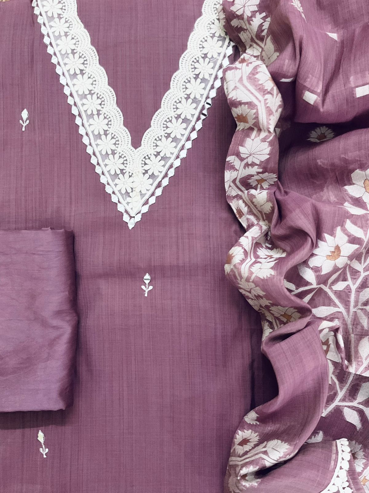 Soft Kora Chanderi Jamdani Weaved Embroidered Suit - Purple