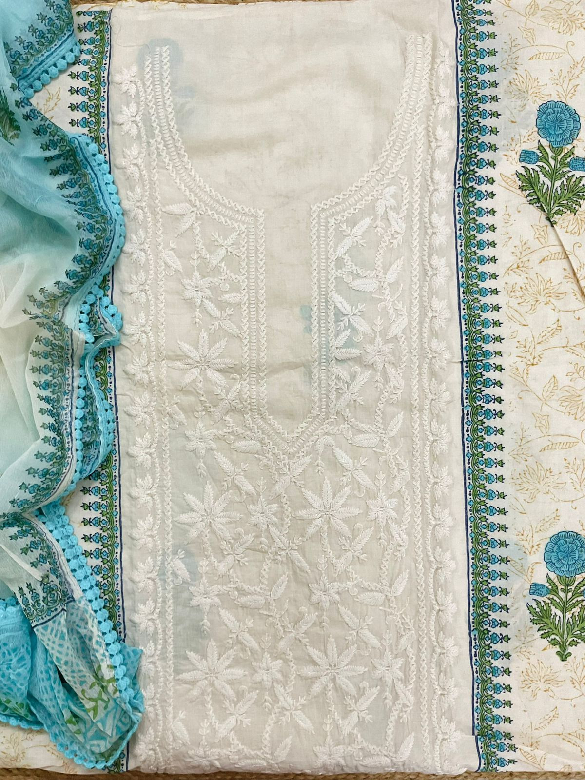 Pure Cotton Printed Embroidered Suit - Off White