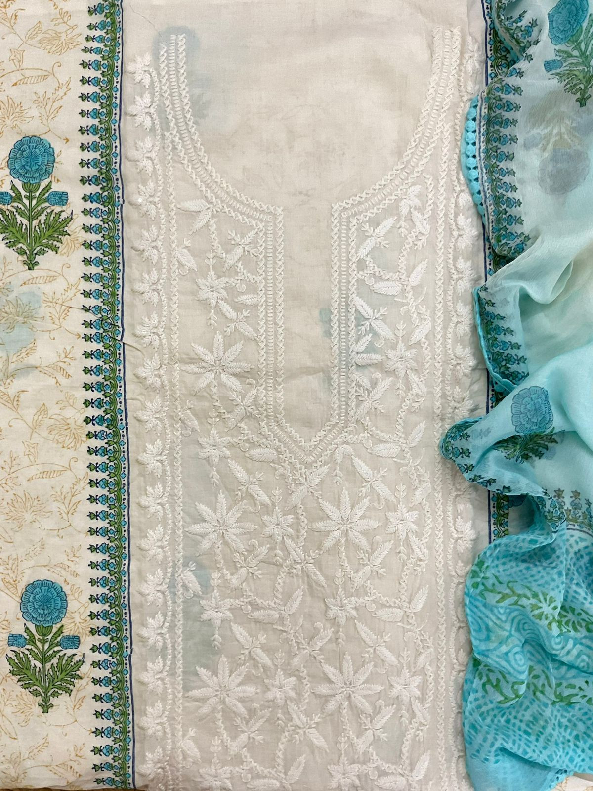 Pure Cotton Printed Embroidered Suit - Off White