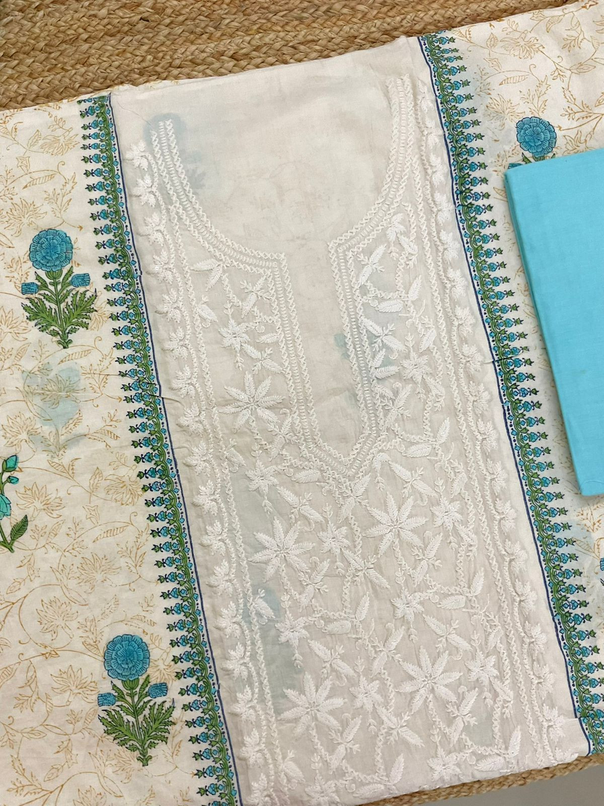 Pure Cotton Printed Embroidered Suit - Off White