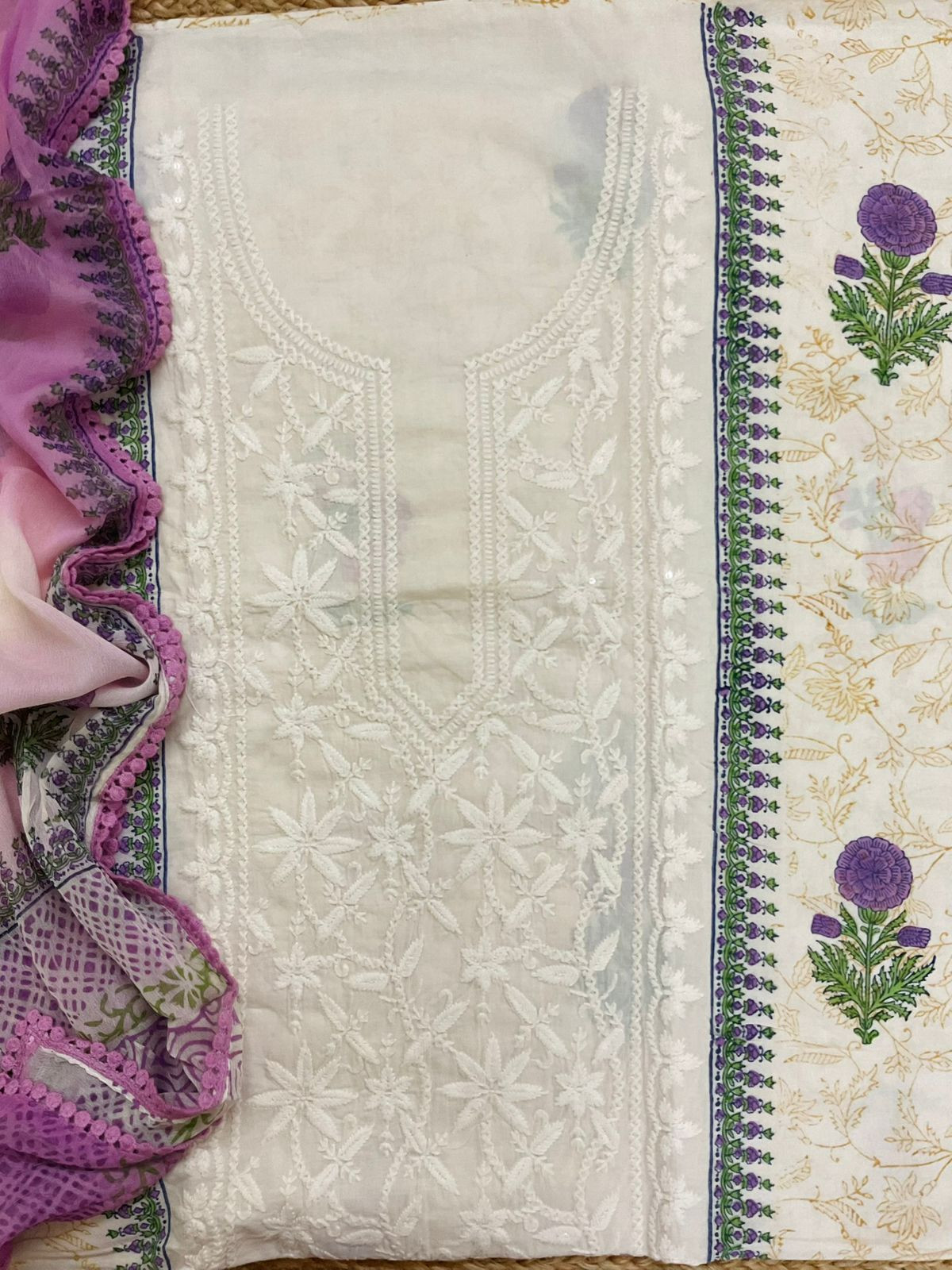 Pure Cotton Printed Embroidered Suit - Off White