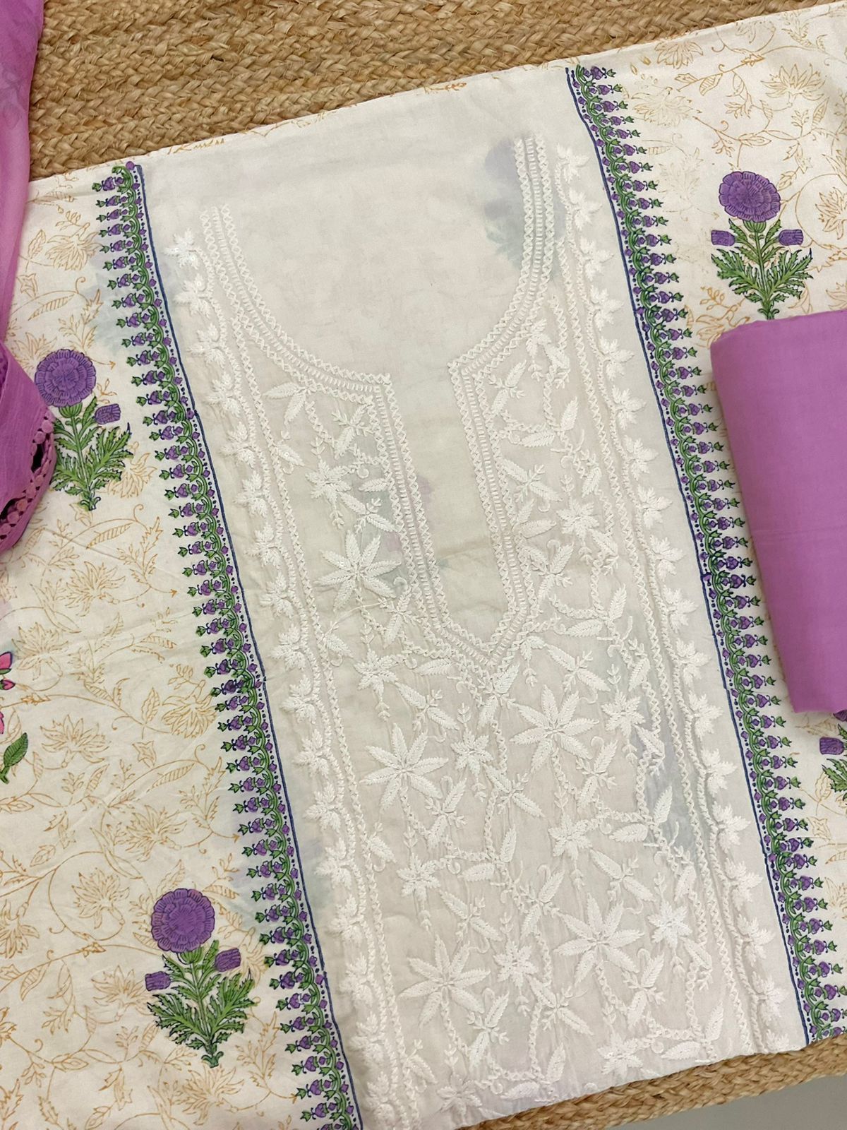 Pure Cotton Printed Embroidered Suit - Off White