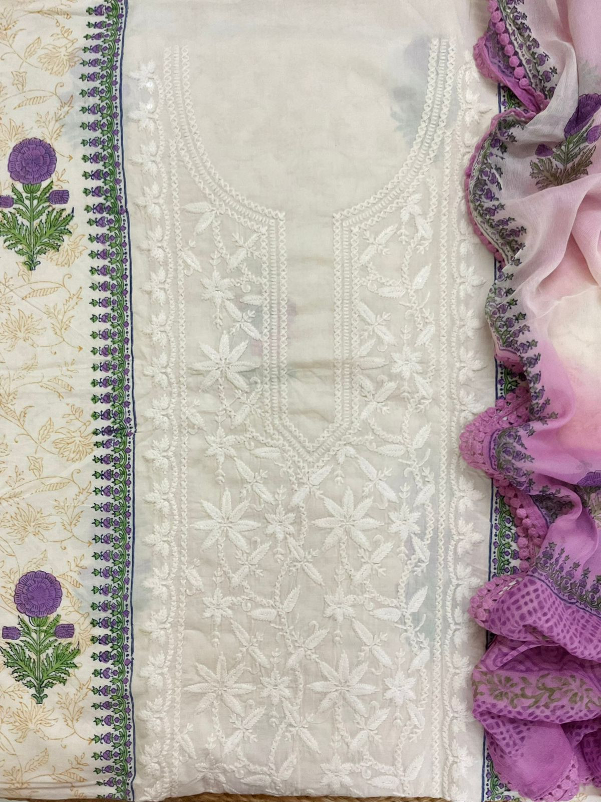 Pure Cotton Printed Embroidered Suit - Off White