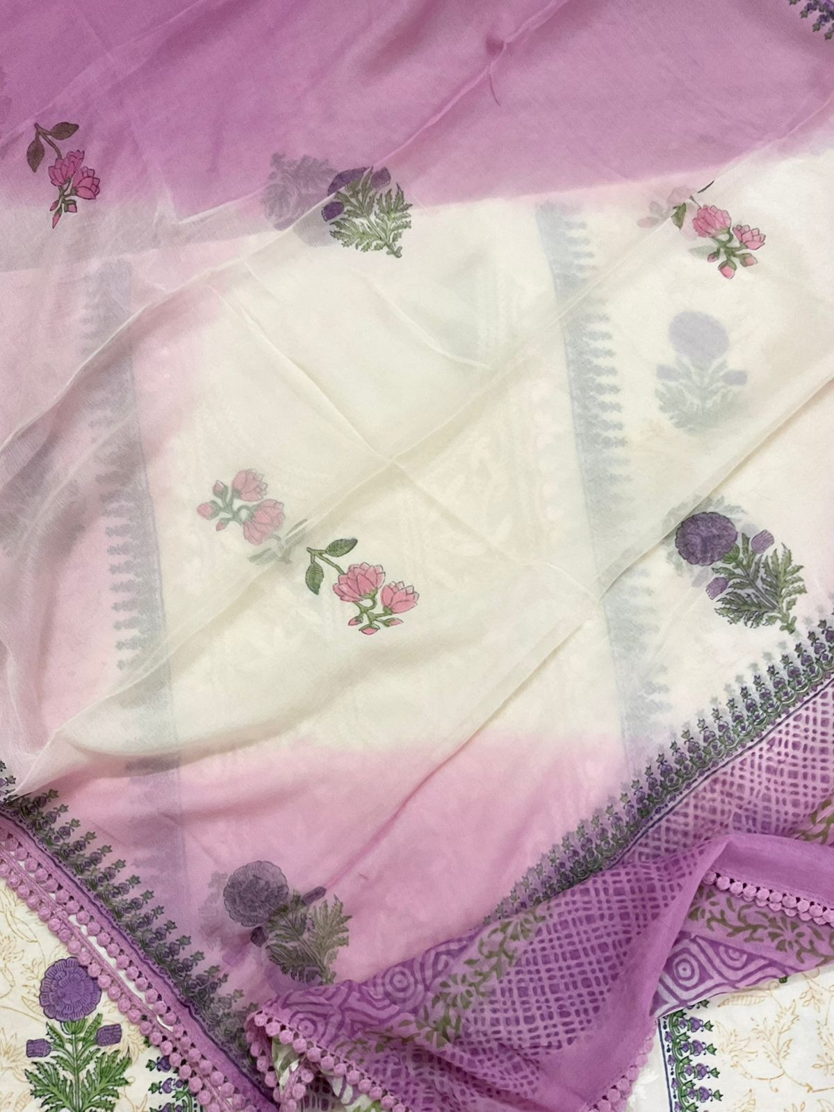 Pure Cotton Printed Embroidered Suit - Off White