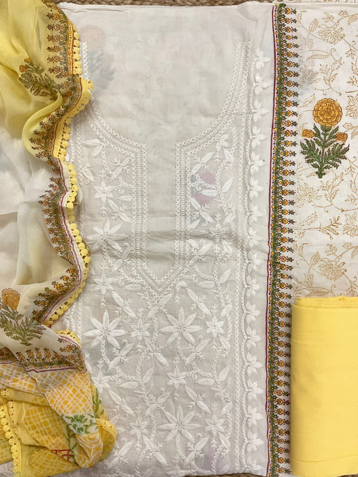 Pure Cotton Printed Embroidered Suit - Off White