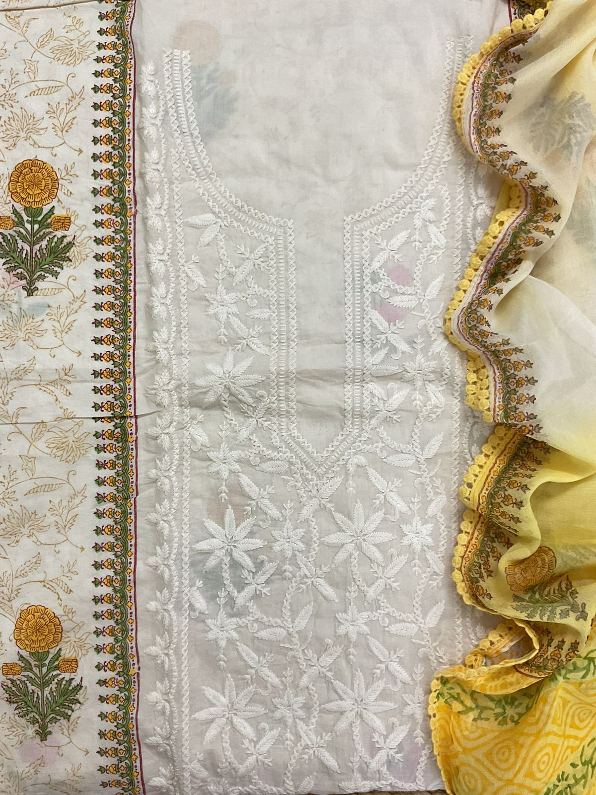 Pure Cotton Printed Embroidered Suit - Off White