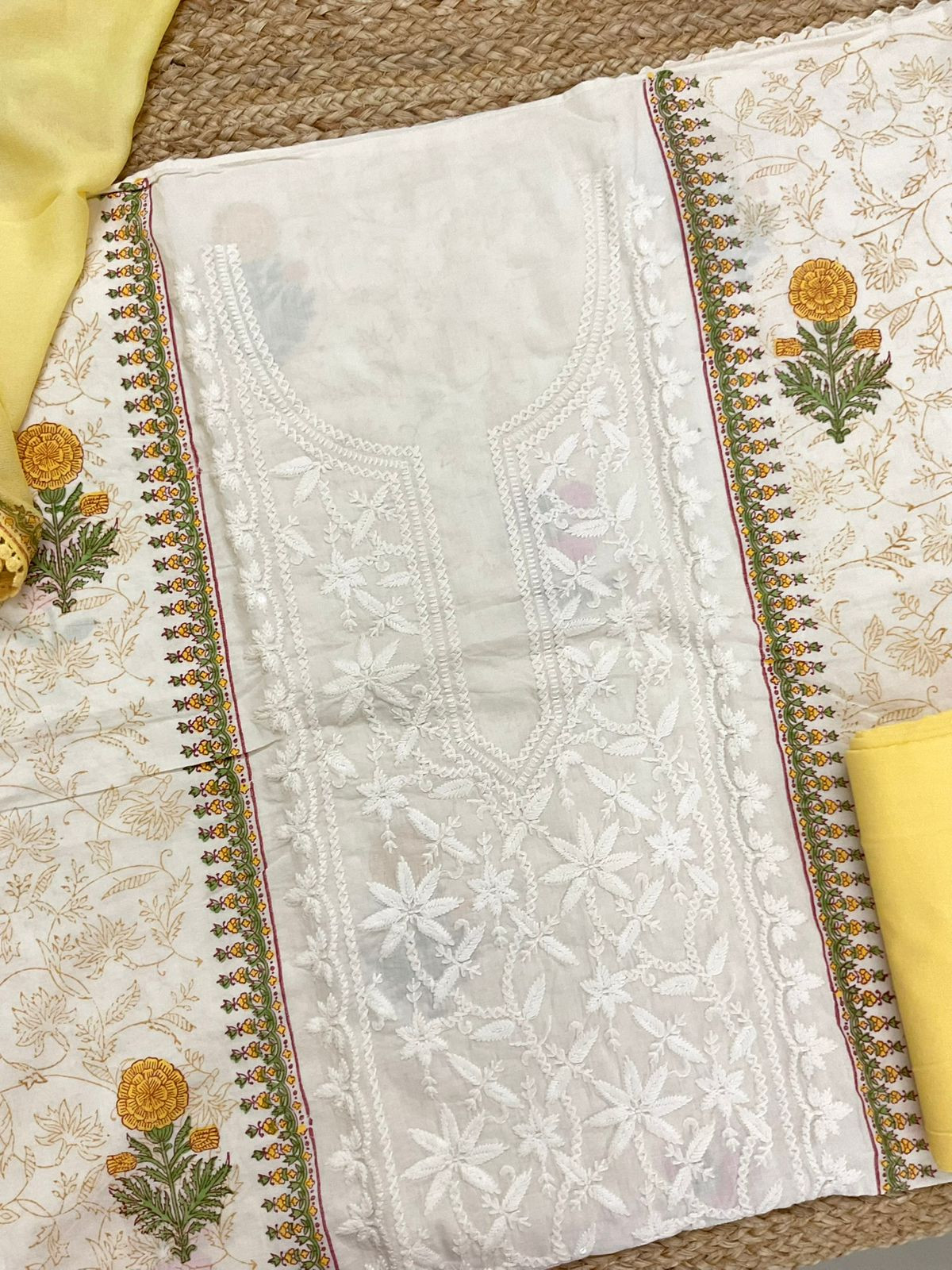 Pure Cotton Printed Embroidered Suit - Off White