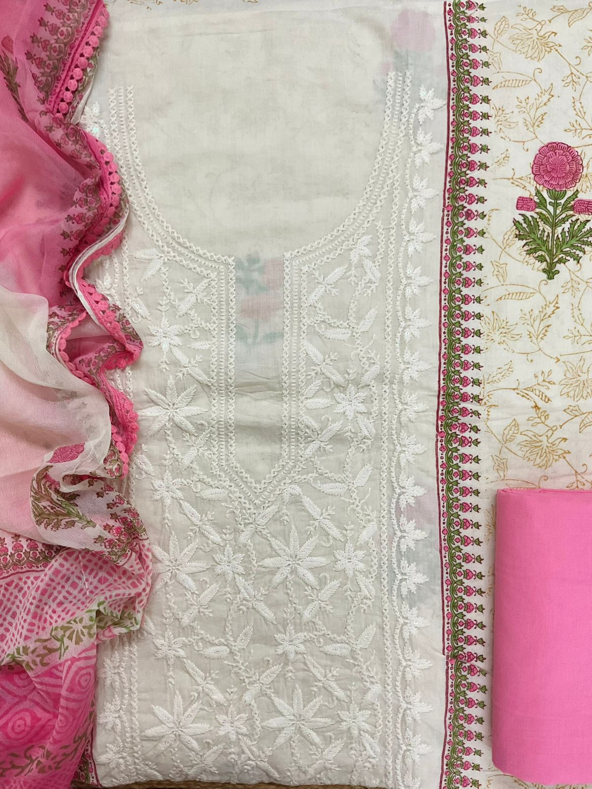 Pure Cotton Printed Embroidered Suit - Off White