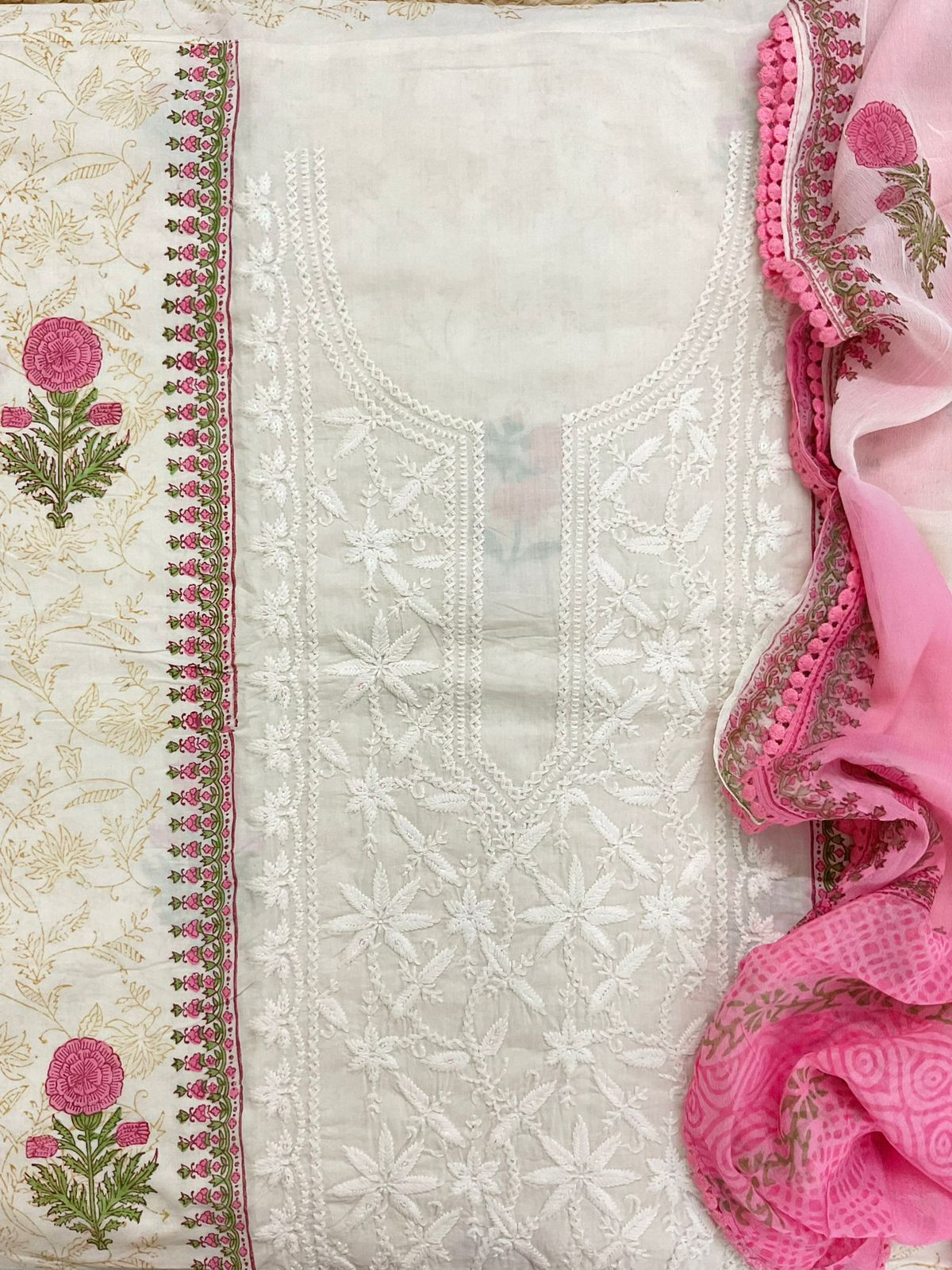 Pure Cotton Printed Embroidered Suit - Off White