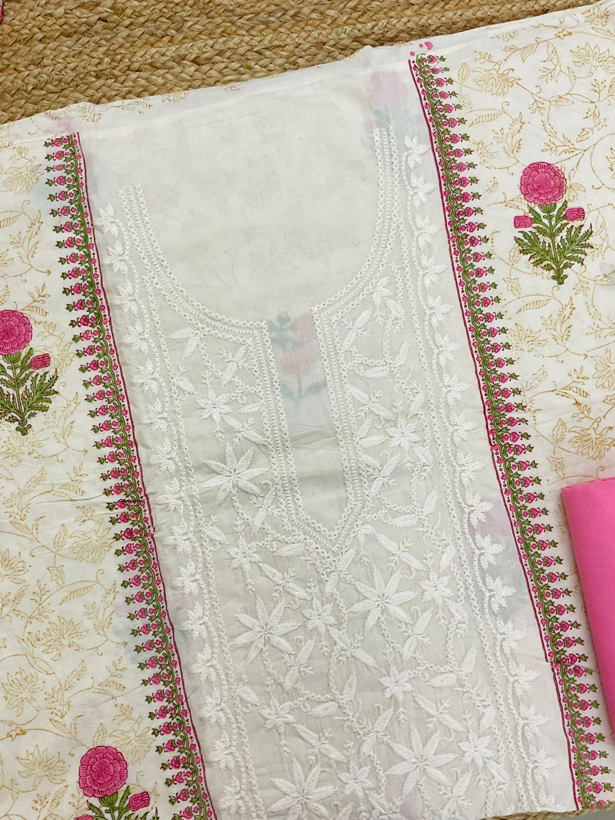 Pure Cotton Printed Embroidered Suit - Off White