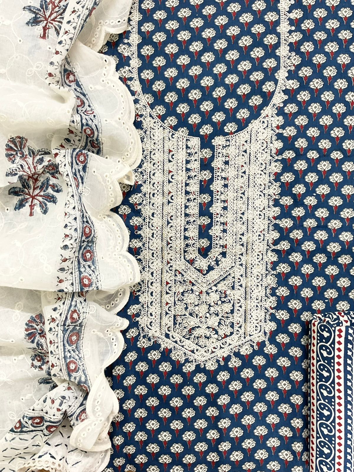 Pure Cotton Printed Embroidered Suit - Blue