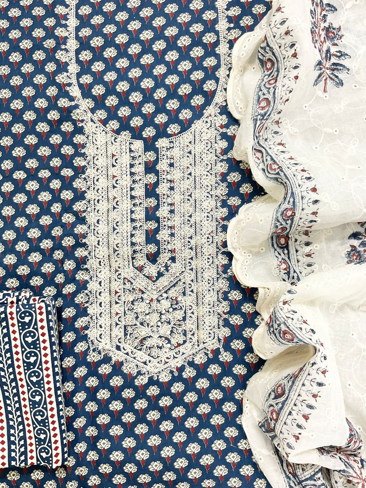 Pure Cotton Printed Embroidered Suit - Blue