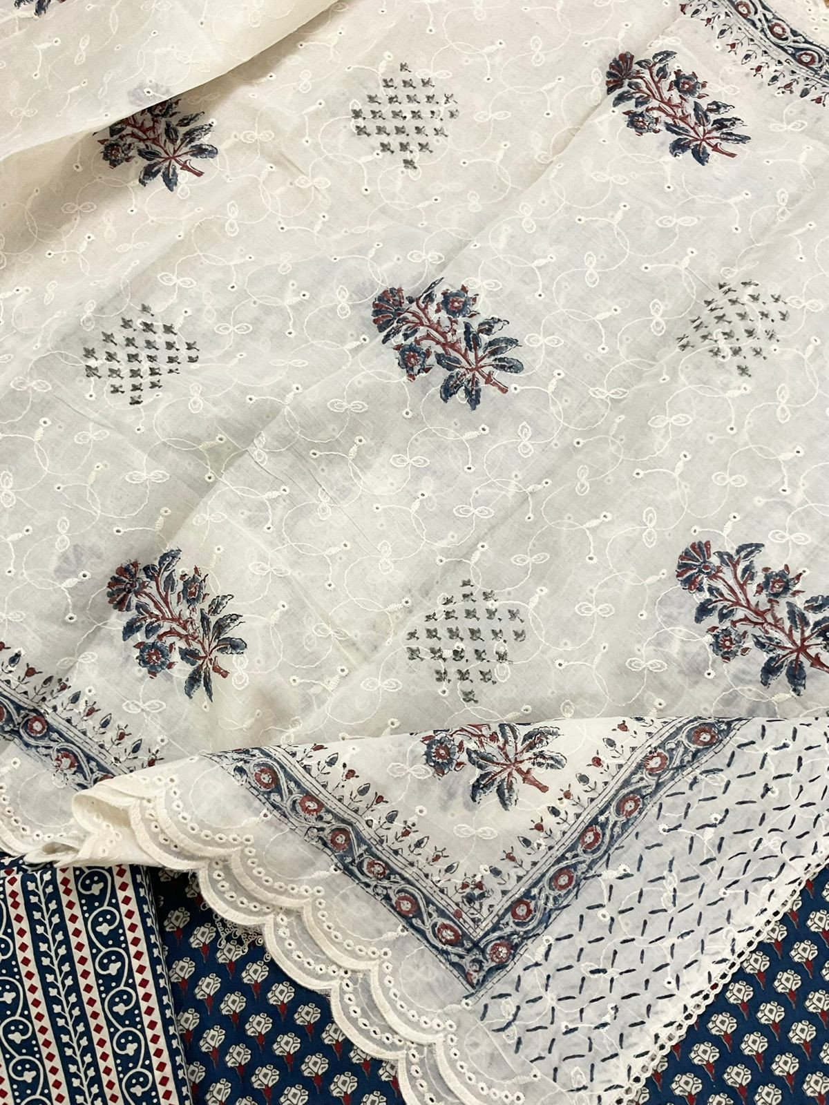 Pure Cotton Printed Embroidered Suit - Blue