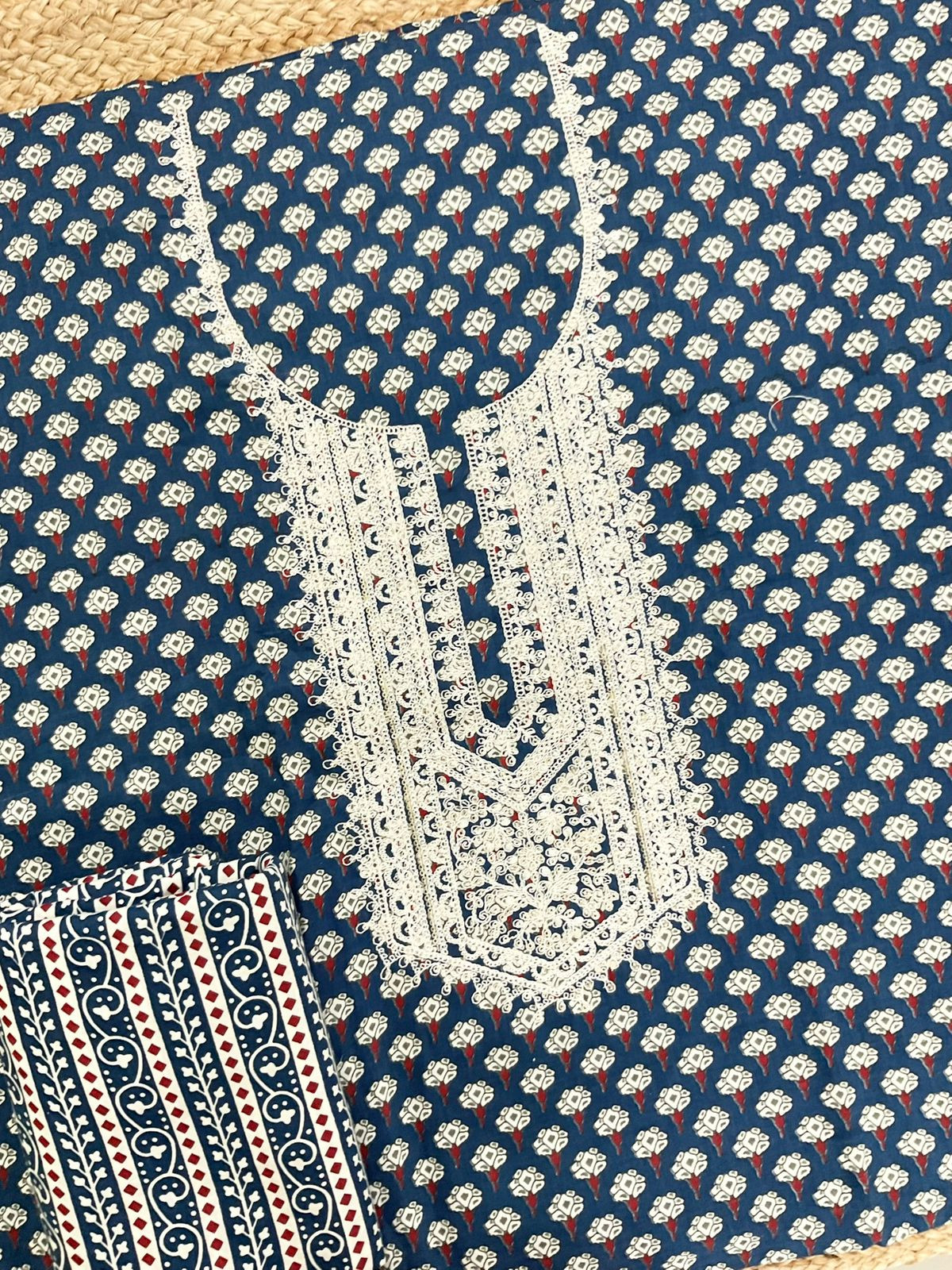 Pure Cotton Printed Embroidered Suit - Blue