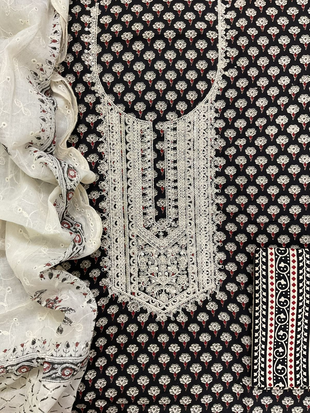 Pure Cotton Printed Embroidered Suit -Black