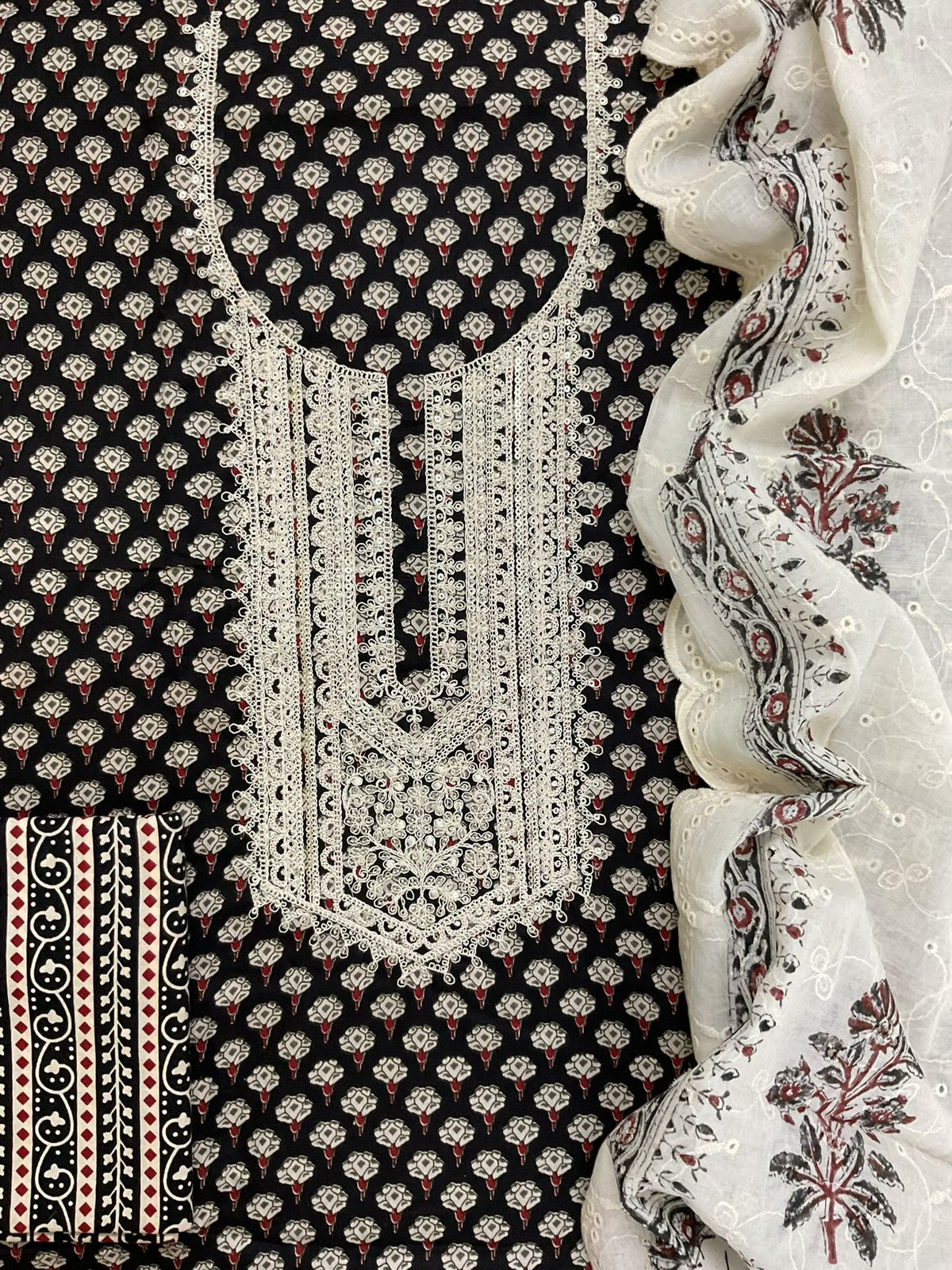 Pure Cotton Printed Embroidered Suit -Black