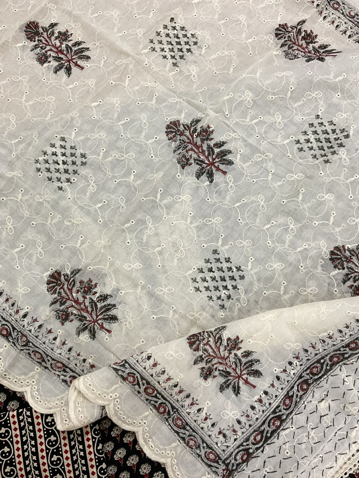 Pure Cotton Printed Embroidered Suit -Black