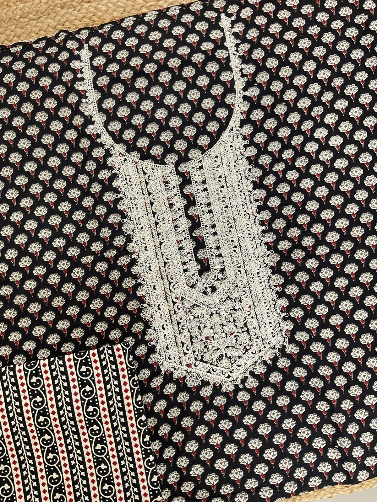 Pure Cotton Printed Embroidered Suit -Black