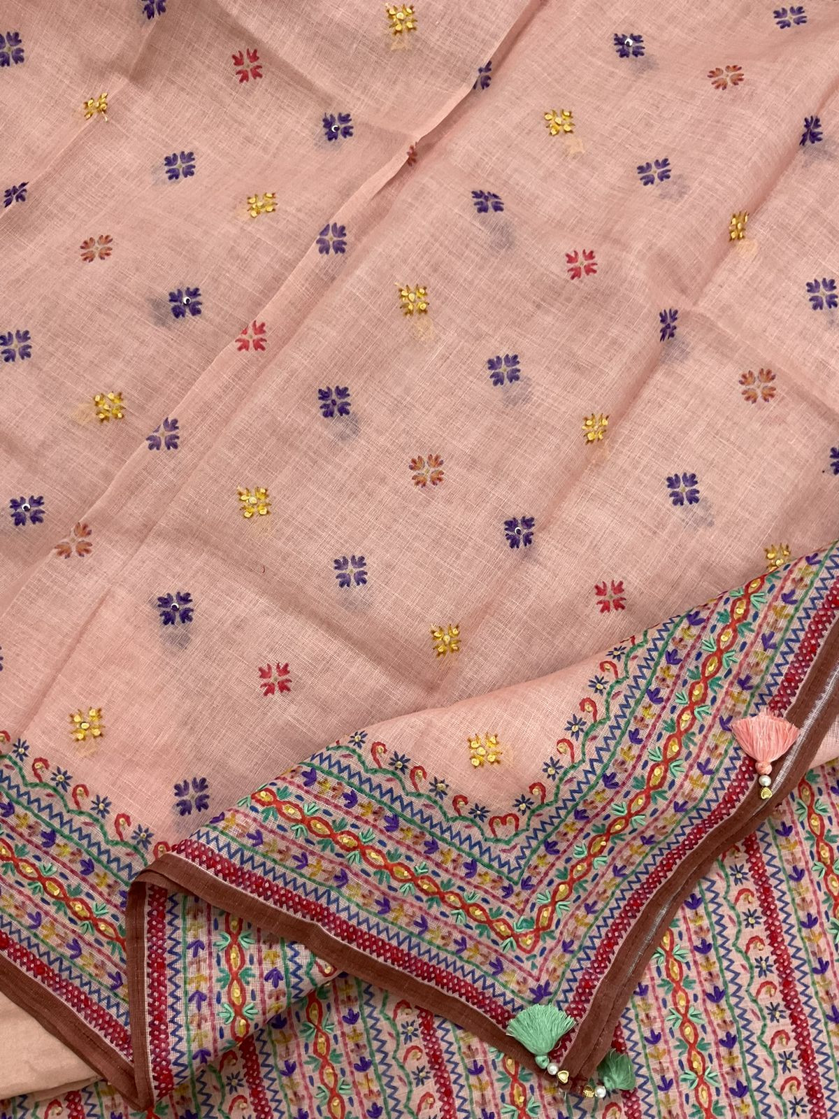 Soft Linen Jute Cotton Printed Embroidered Suit - Peach