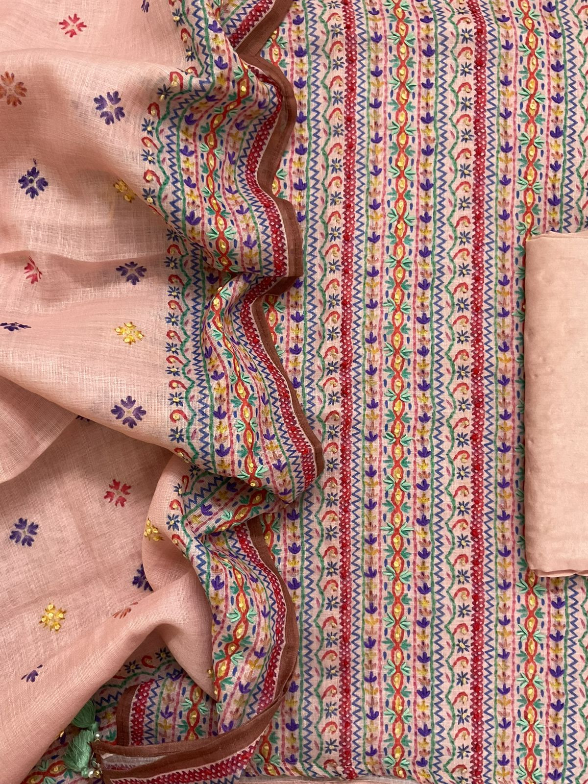 Soft Linen Jute Cotton Printed Embroidered Suit - Peach