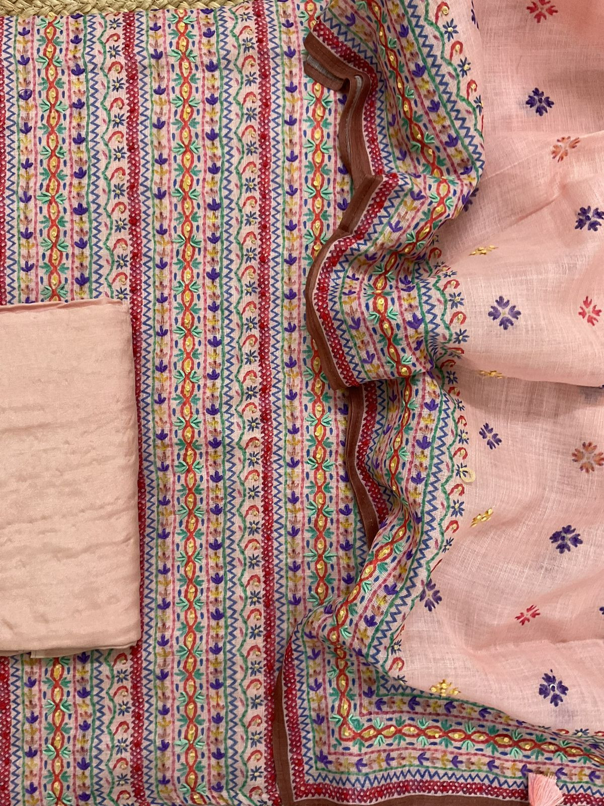Soft Linen Jute Cotton Printed Embroidered Suit - Peach