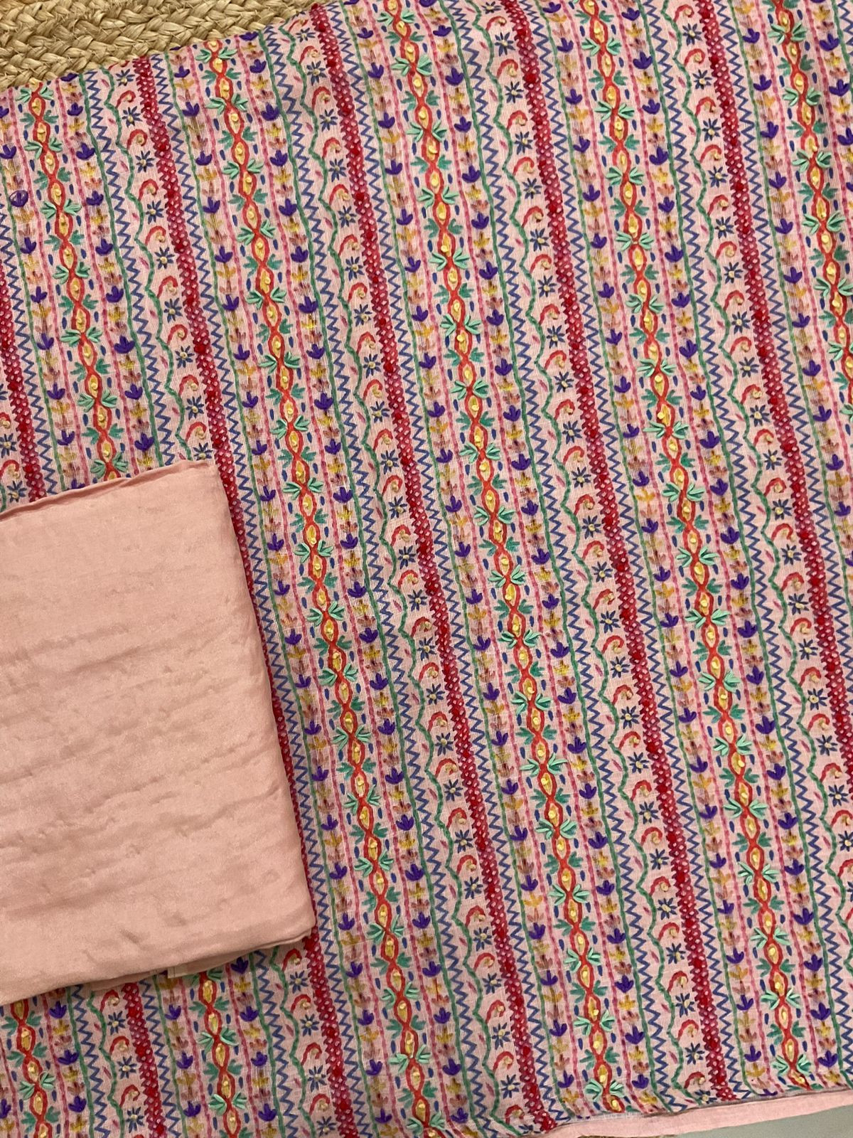 Soft Linen Jute Cotton Printed Embroidered Suit - Peach