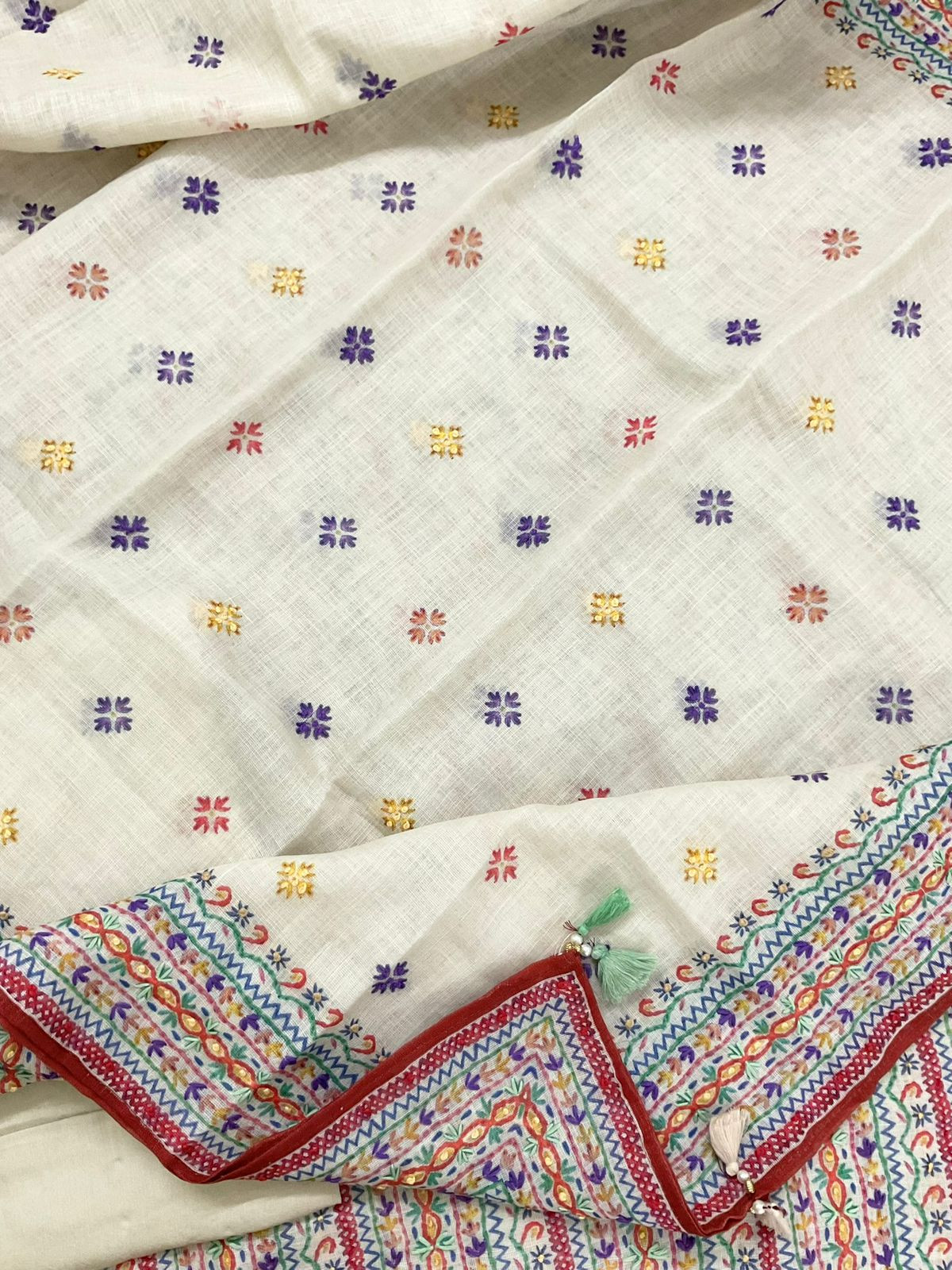 Soft Linen Jute Cotton Printed Embroidered Suit - Cream